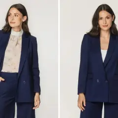 Dwie stylizacje z granatowym damskim garniturem. Po lewej bluzka w kwiaty, po prawej biały top. Jaka bluzka do garnituru damskiego?