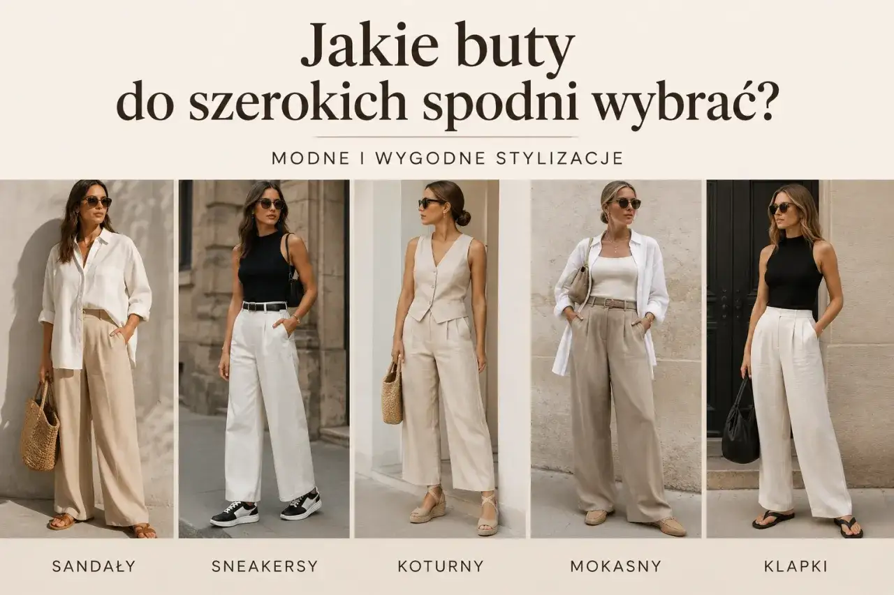 Jakie buty do szerokich spodni? Stylizacje z sandałami, sneakersami, koturnami, mokasynami i klapkami.